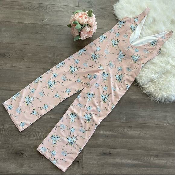New LPA Alina Light Pink Floral Wide Leg Belted Jumpsuit - Picture 7 of 10